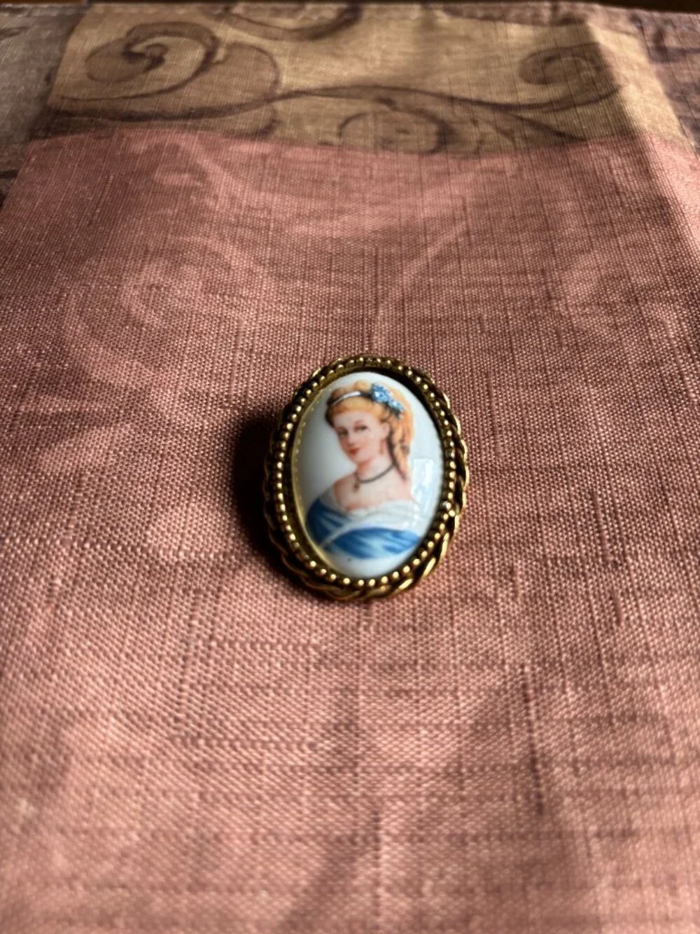 Vintage GOLDETTE NY Limoges Porcelain Portrait Brooch Lady in Blue Dress